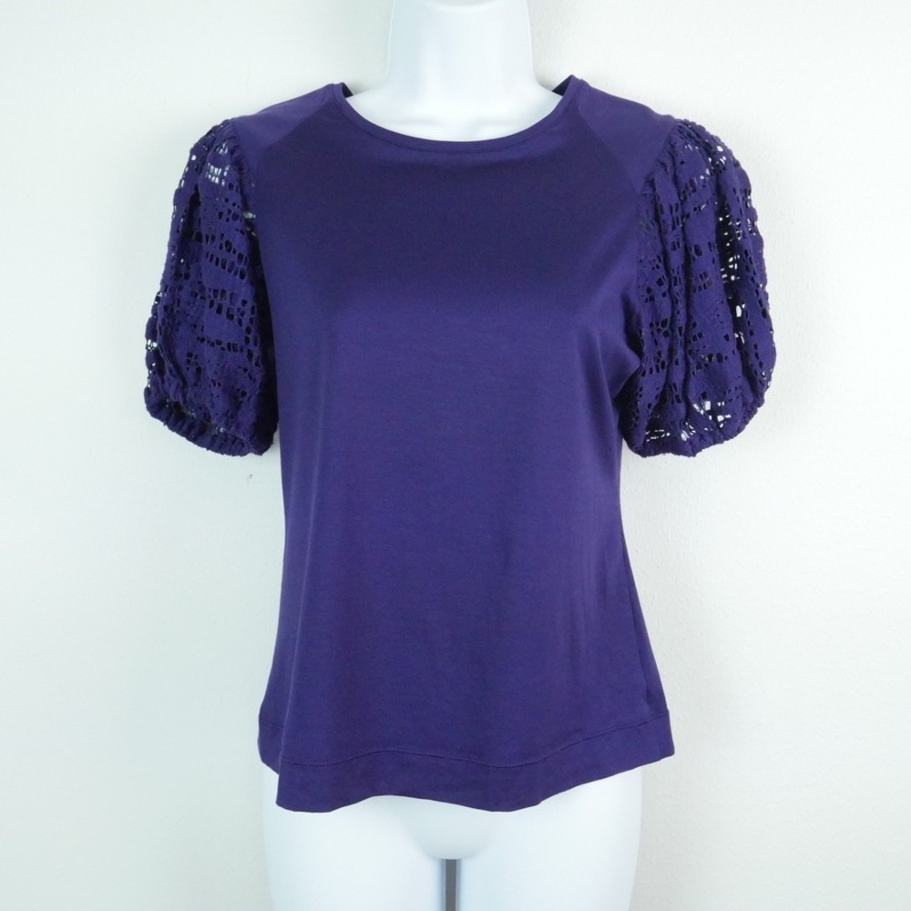 Akris Punto Purple Puff Sleeve Knit Top Lace Short Sleeve US 6 Elegant Luxury